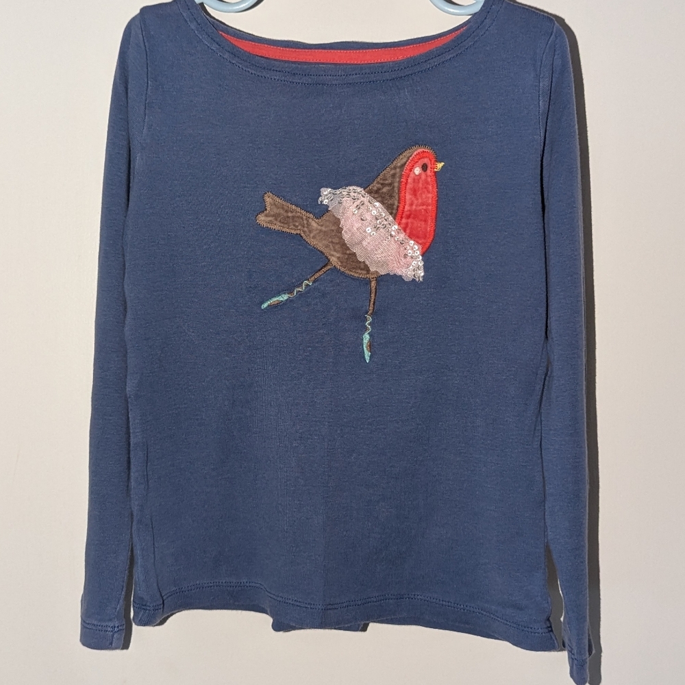 Mini Boden, blue, ballerina bird long sleeve shirt, size 5-6